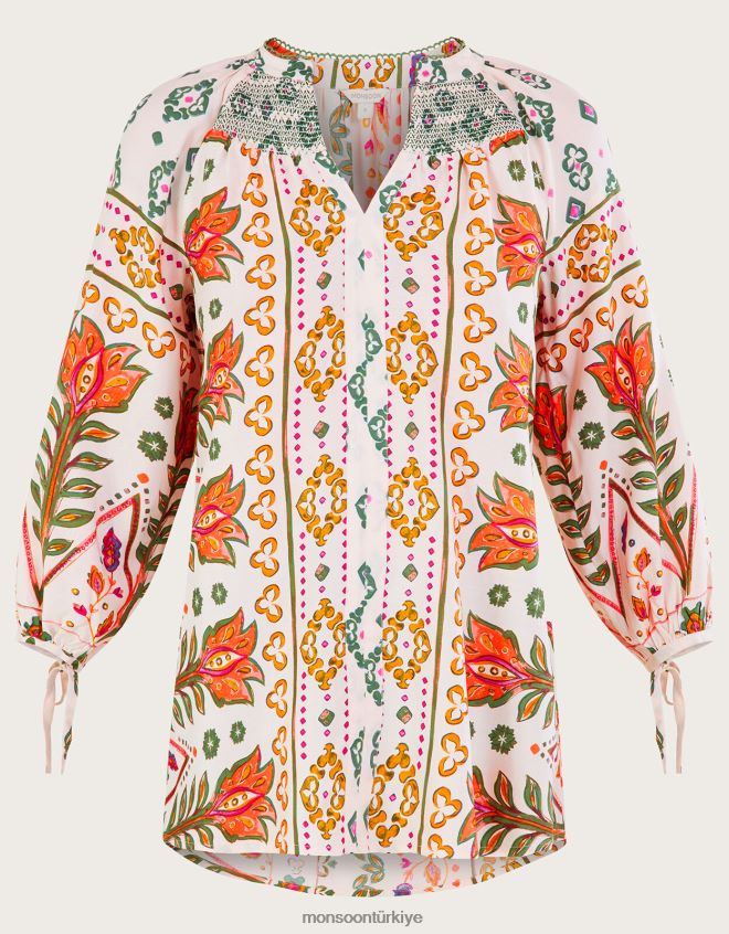 Monsoon kadınlar lenzing ecovero desenli büzgülü bluz JH86BT791 Giyim fildişi