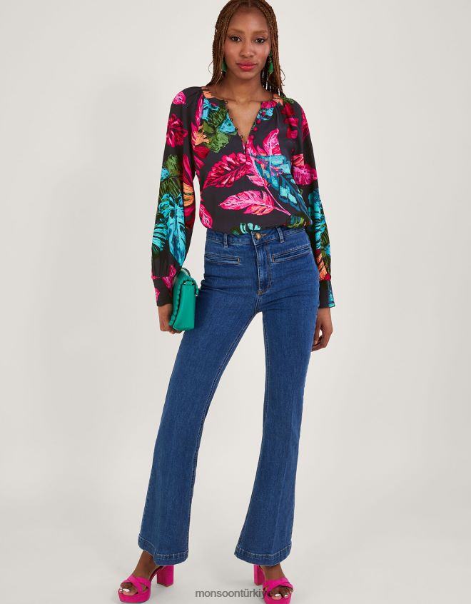 Monsoon kadınlar sürdürülebilir viskondan bria palmiye desenli bluz JH86BT795 Giyim mavi (gece yarısı)