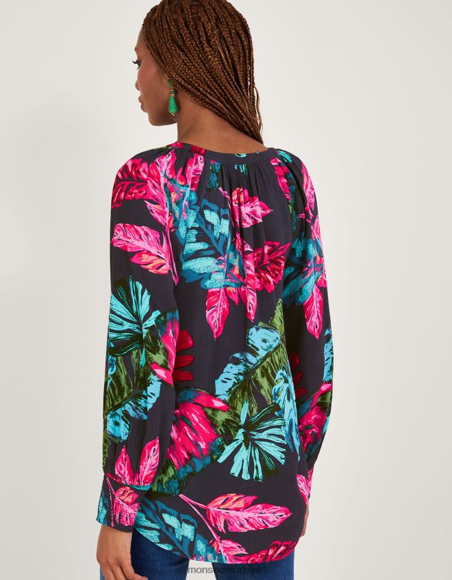 Monsoon kadınlar sürdürülebilir viskondan bria palmiye desenli bluz JH86BT795 Giyim mavi (gece yarısı)
