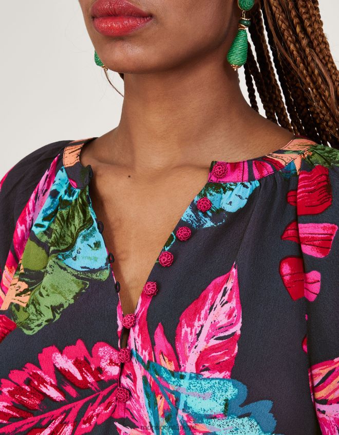 Monsoon kadınlar sürdürülebilir viskondan bria palmiye desenli bluz JH86BT795 Giyim mavi (gece yarısı)