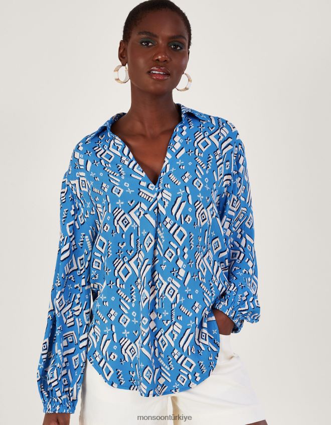 Monsoon kadınlar sürdürülebilir viskondan gigi desenli bluz JH86BT227 Giyim mavi