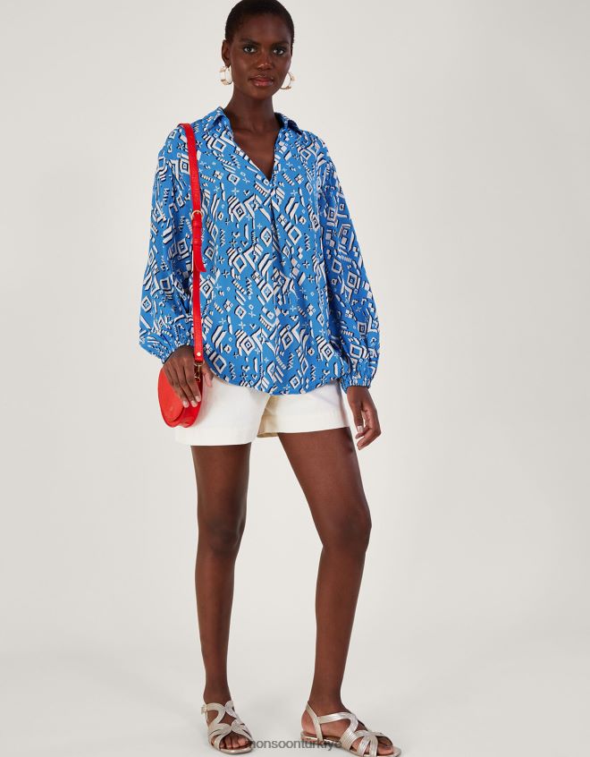 Monsoon kadınlar sürdürülebilir viskondan gigi desenli bluz JH86BT227 Giyim mavi