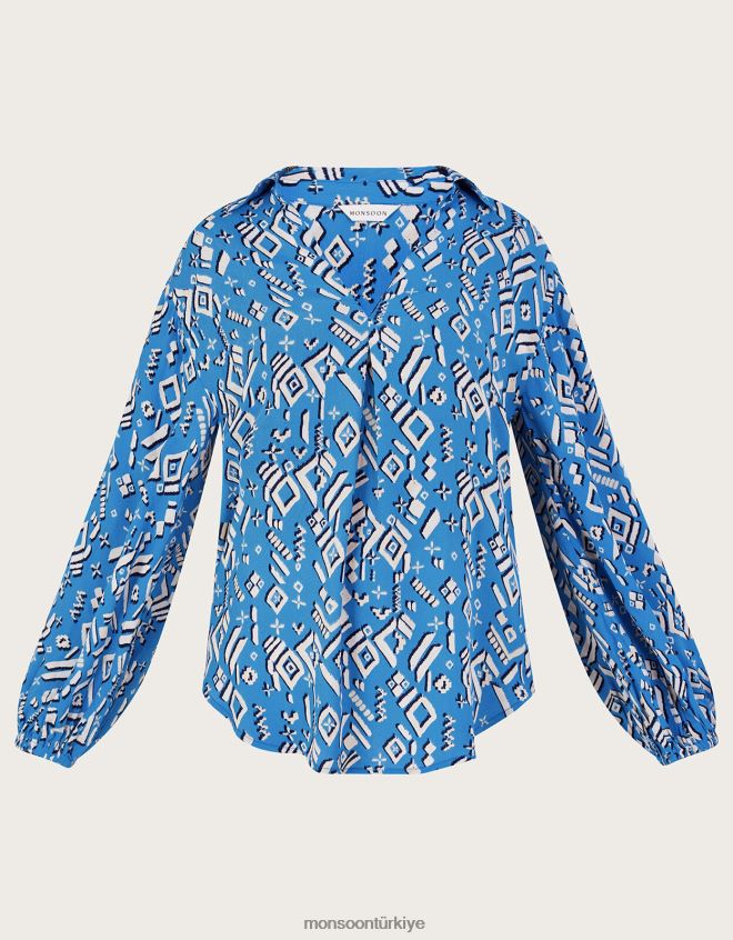 Monsoon kadınlar sürdürülebilir viskondan gigi desenli bluz JH86BT227 Giyim mavi