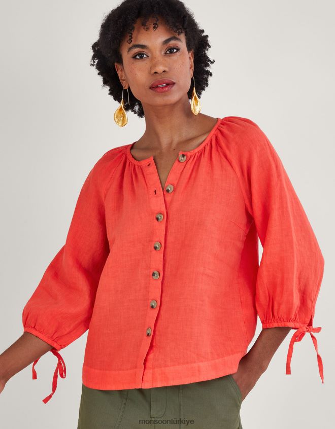 Monsoon kadınlar yuvarlak yakalı, manşetli, keten bluz JH86BT880 Giyim kırmızı