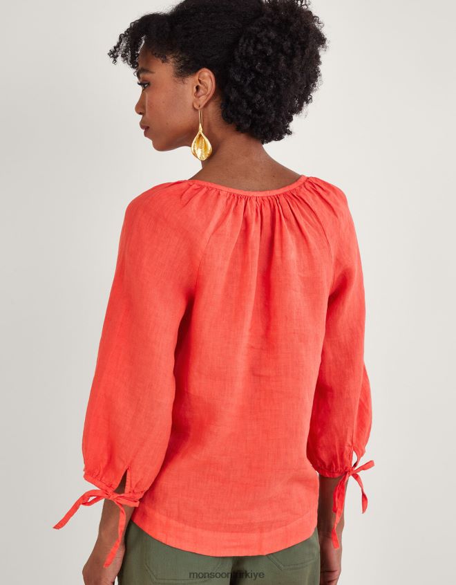Monsoon kadınlar yuvarlak yakalı, manşetli, keten bluz JH86BT880 Giyim kırmızı