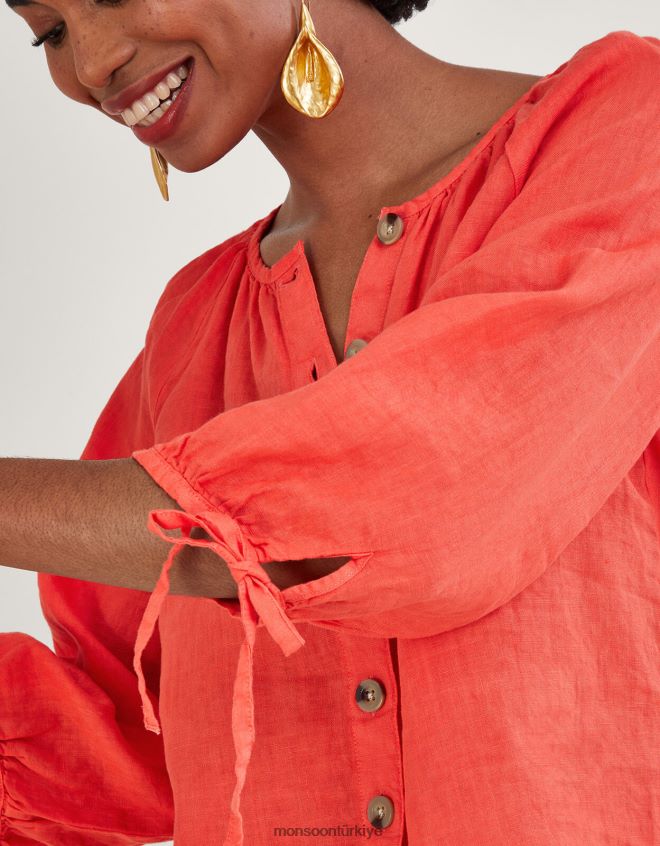 Monsoon kadınlar yuvarlak yakalı, manşetli, keten bluz JH86BT880 Giyim kırmızı