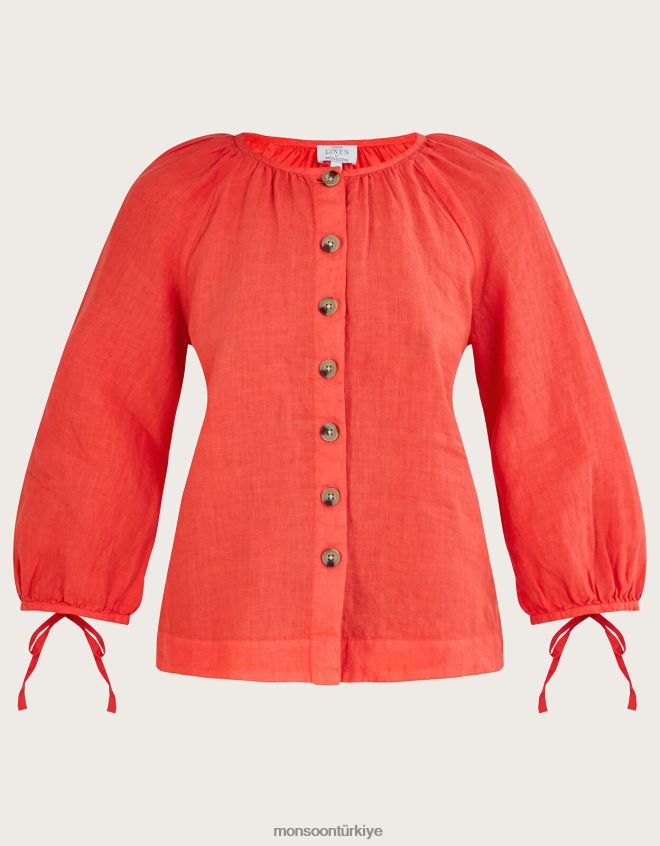 Monsoon kadınlar yuvarlak yakalı, manşetli, keten bluz JH86BT880 Giyim kırmızı