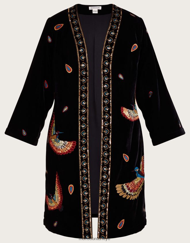 Monsoon kadınlar Baylie işlemeli kadife kimono JH86BT110 Giyim siyah