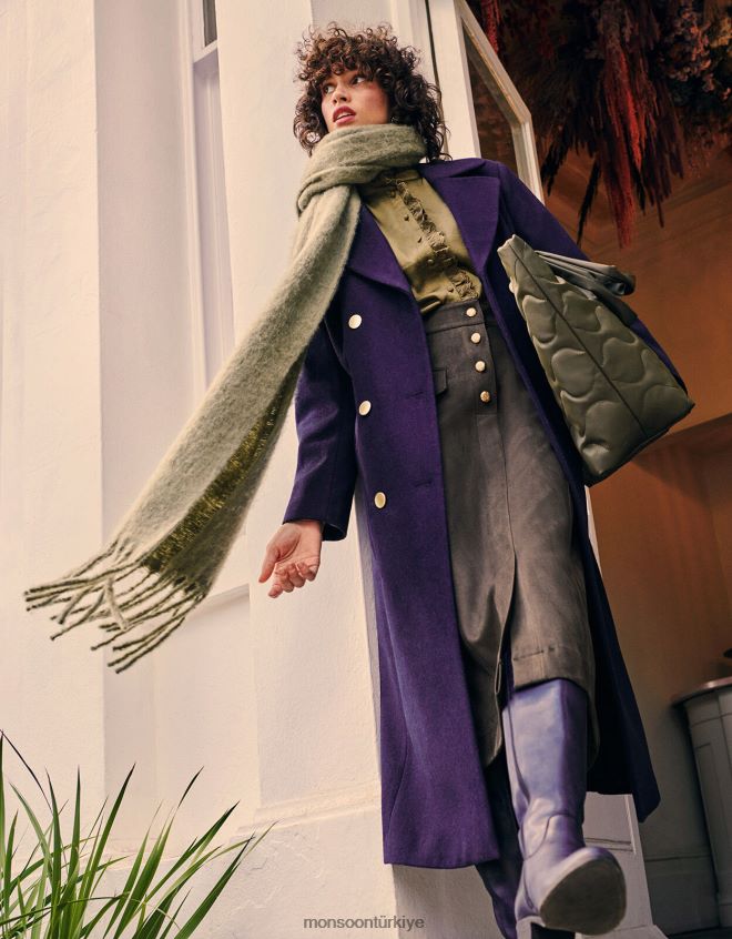 Monsoon kadınlar Vanessa yün karışımlı etekli kaban JH86BT570 Giyim Mavi Donanma)