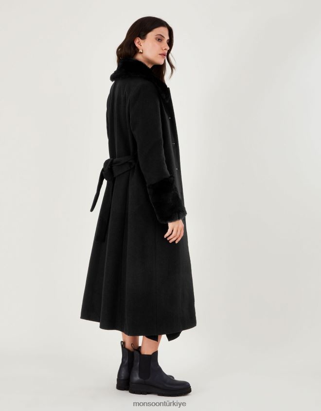 Monsoon kadınlar felicity suni kürk detaylı kuşaklı yün karışımlı kaban JH86BT451 Giyim siyah