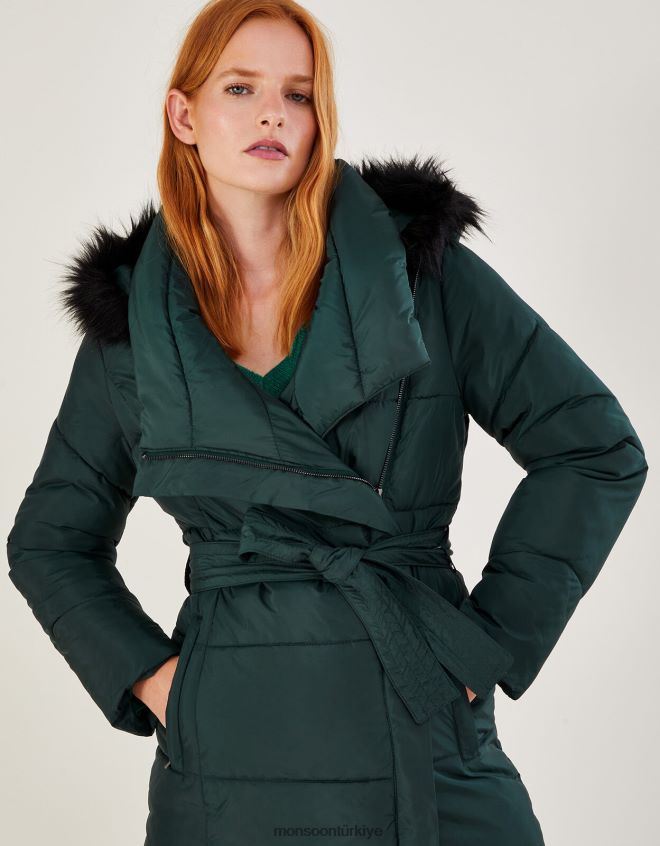 Monsoon kadınlar geri dönüştürülmüş polyesterden pauline yastıklı kürk kapüşonlu mont JH86BT638 Giyim yeşil