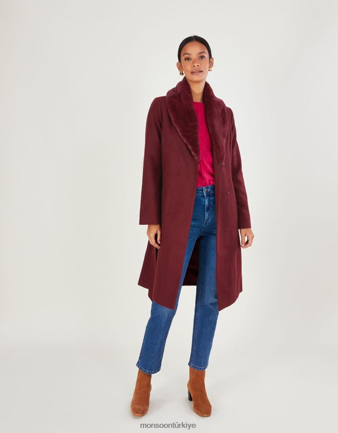 Monsoon kadınlar geri dönüştürülmüş polyesterden rufus kürk yakalı kuşaklı kaban JH86BT852 Giyim kırmızı şarap)
