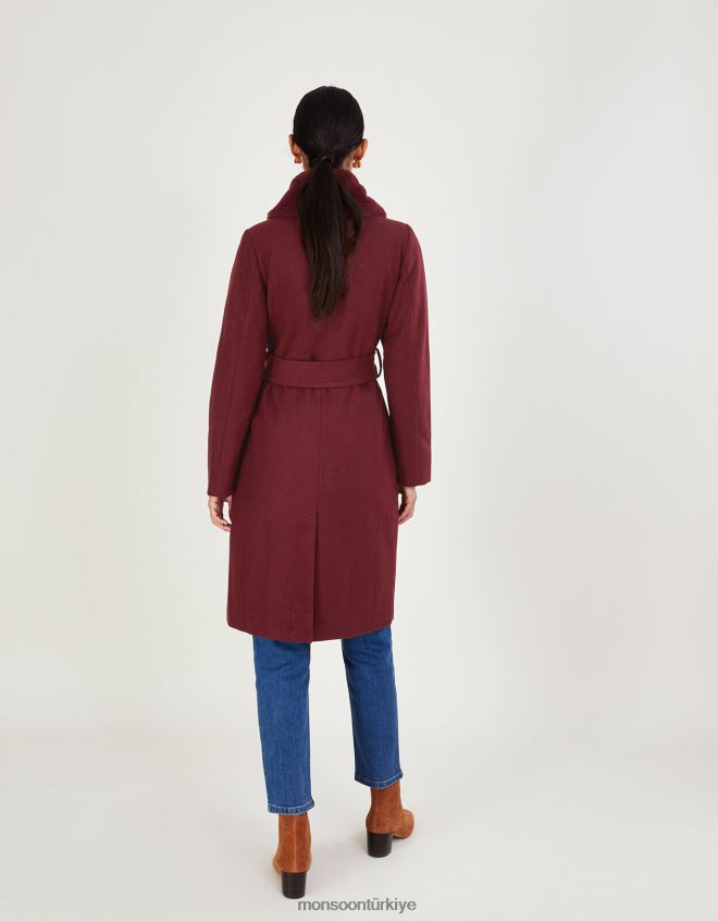 Monsoon kadınlar geri dönüştürülmüş polyesterden rufus kürk yakalı kuşaklı kaban JH86BT852 Giyim kırmızı şarap)