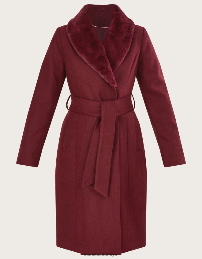 Monsoon kadınlar geri dönüştürülmüş polyesterden rufus kürk yakalı kuşaklı kaban JH86BT852 Giyim kırmızı şarap)