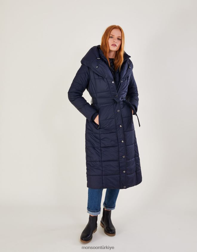 Monsoon kadınlar geri dönüştürülmüş polyesterden sorena kuşaklı dolgulu midi ceket JH86BT628 Giyim Mavi Donanma)