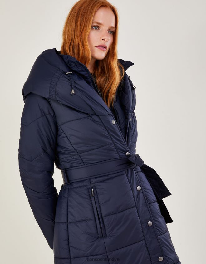 Monsoon kadınlar geri dönüştürülmüş polyesterden sorena kuşaklı dolgulu midi ceket JH86BT628 Giyim Mavi Donanma)