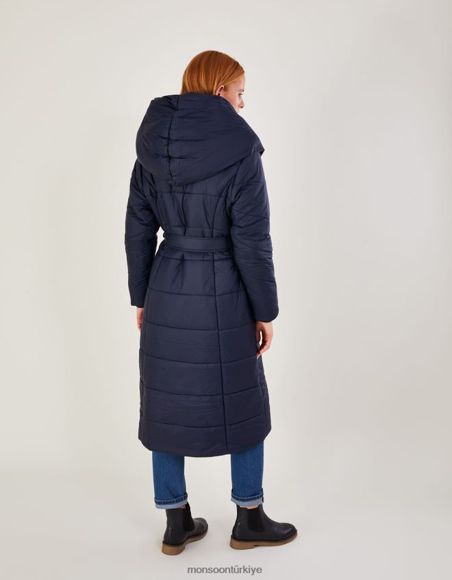 Monsoon kadınlar geri dönüştürülmüş polyesterden sorena kuşaklı dolgulu midi ceket JH86BT628 Giyim Mavi Donanma)