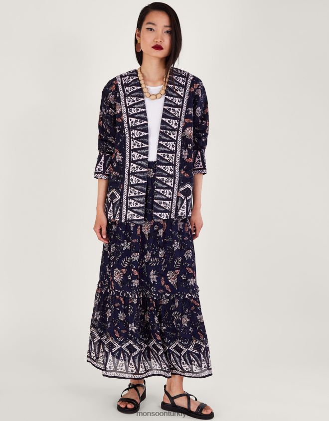 Monsoon kadınlar uçtan uca baskılı ceket JH86BT170 Giyim Mavi Donanma)