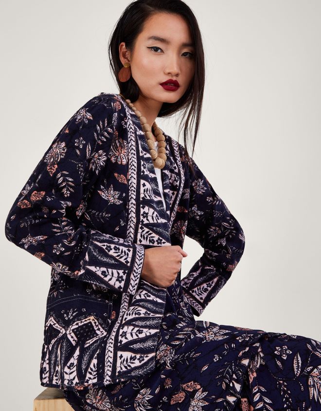 Monsoon kadınlar uçtan uca baskılı ceket JH86BT170 Giyim Mavi Donanma)