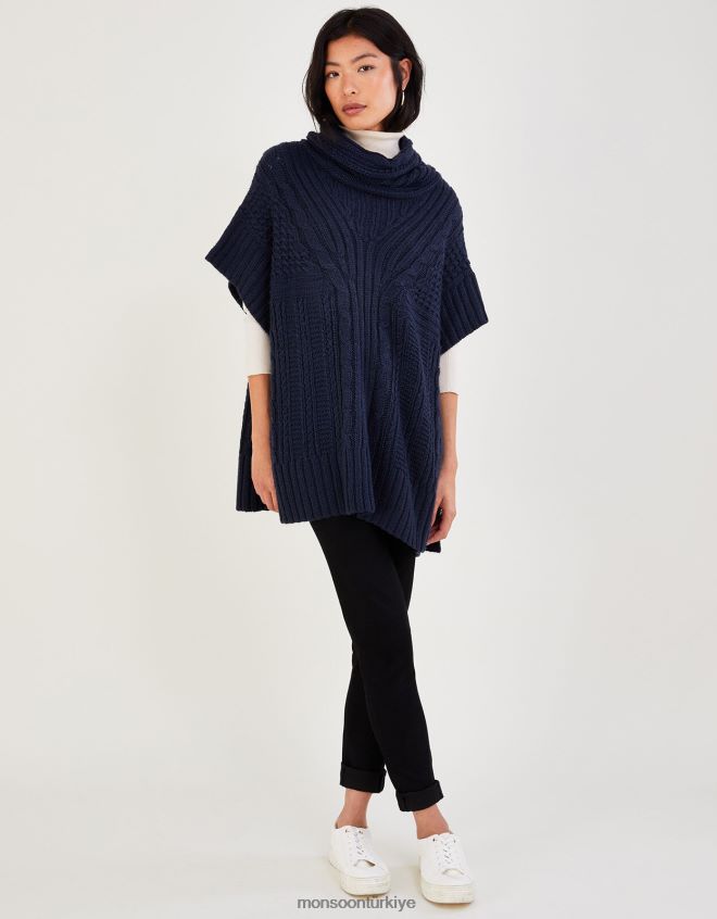 Monsoon kadınlar kukuleta boyun panço JH86BT355 Giyim Mavi Donanma)