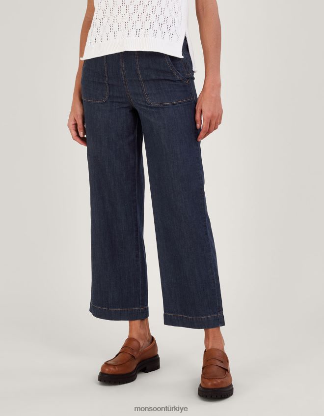 Monsoon kadınlar Harper Crop geniş paça pull-on kot pantolon, normal uzunlukta JH86BT502 Giyim mavi (çivit mavisi)