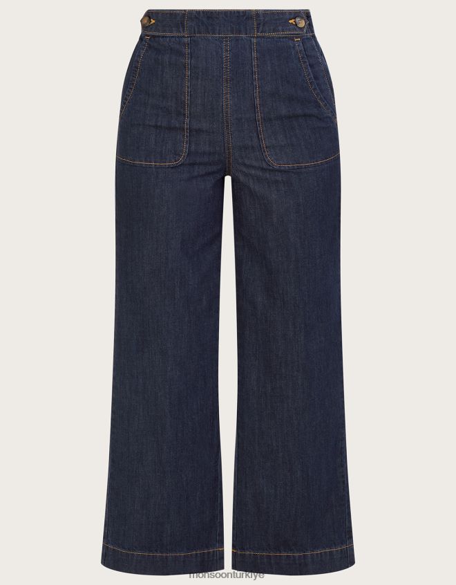 Monsoon kadınlar Harper Crop geniş paça pull-on kot pantolon, normal uzunlukta JH86BT502 Giyim mavi (çivit mavisi)