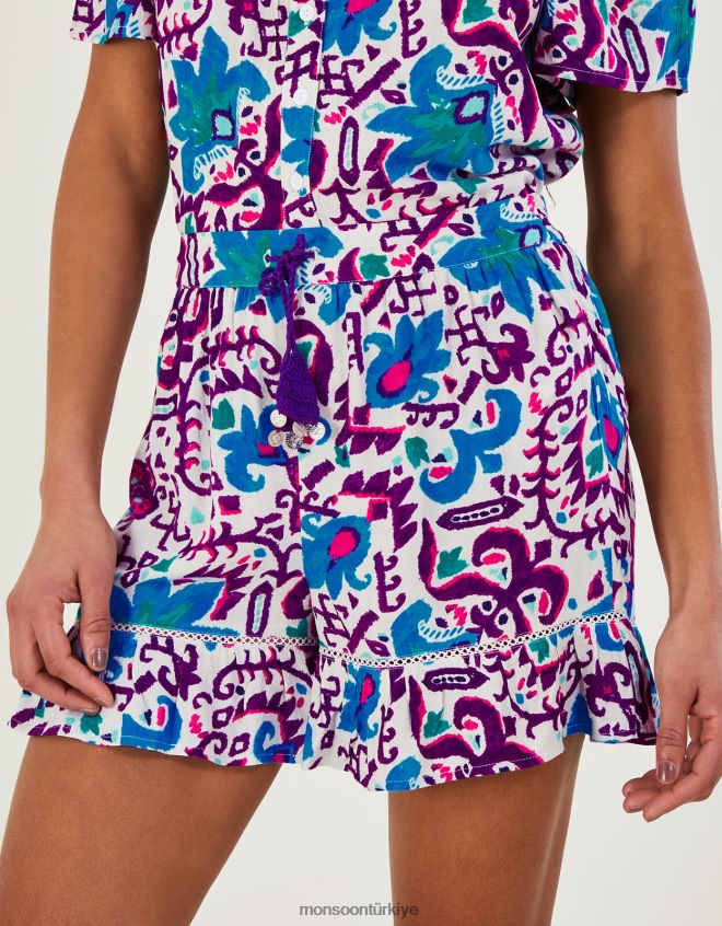 Monsoon kadınlar Lenzing Ecovero\'da ateş çiçeği ikat desenli şort JH86BT235 Giyim mavi