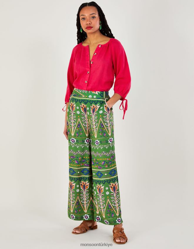 Monsoon kadınlar Lenzing Ecovero'da bol desenli pantolon JH86BT969 Giyim yeşil (haki)