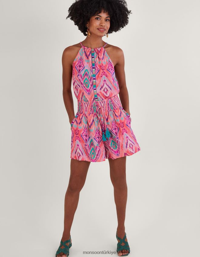 Monsoon kadınlar Lenzing Ecovero'da ikat desenli şeritli şort JH86BT879 Giyim turuncu (mercan)