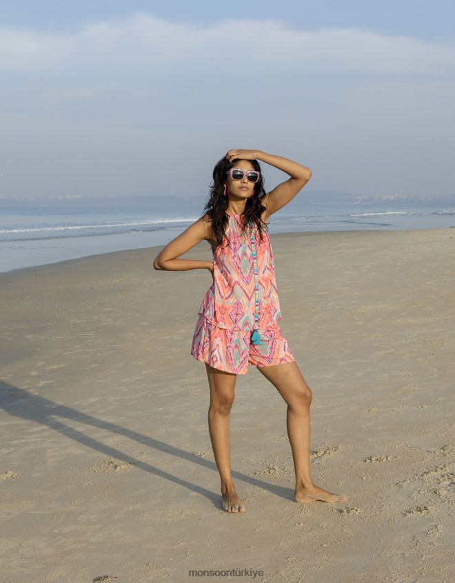 Monsoon kadınlar Lenzing Ecovero\'da ikat desenli şeritli şort JH86BT879 Giyim turuncu (mercan)