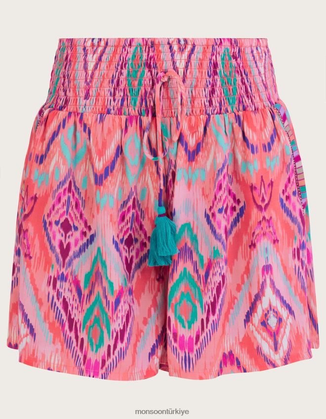 Monsoon kadınlar Lenzing Ecovero\'da ikat desenli şeritli şort JH86BT879 Giyim turuncu (mercan)