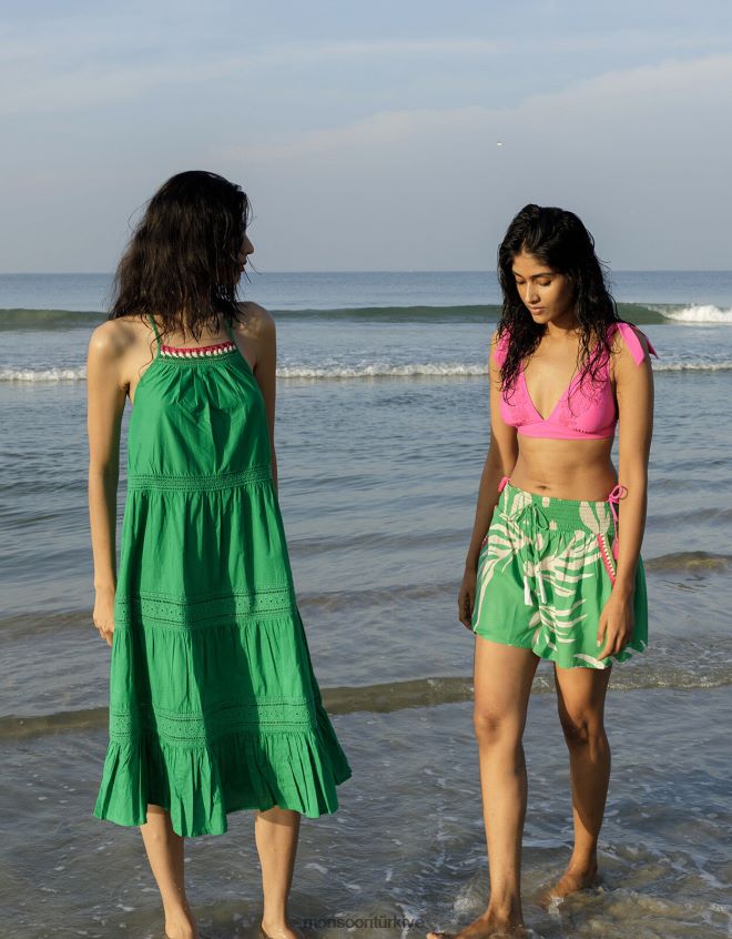 Monsoon kadınlar Lenzing Ecovero\'da palmiye desenli tığ işi şeritli şort JH86BT993 Giyim yeşil