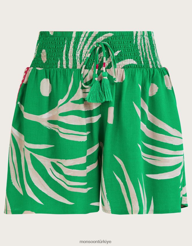 Monsoon kadınlar Lenzing Ecovero\'da palmiye desenli tığ işi şeritli şort JH86BT993 Giyim yeşil