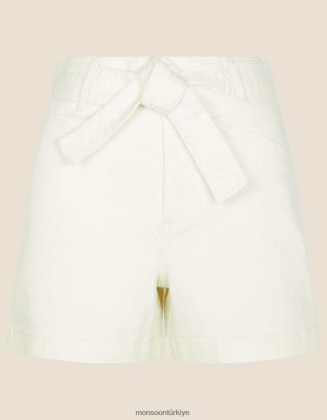 Monsoon kadınlar Sürdürülebilir pamuktan beli bağlanan denim şort JH86BT1113 Giyim doğal (ekru)