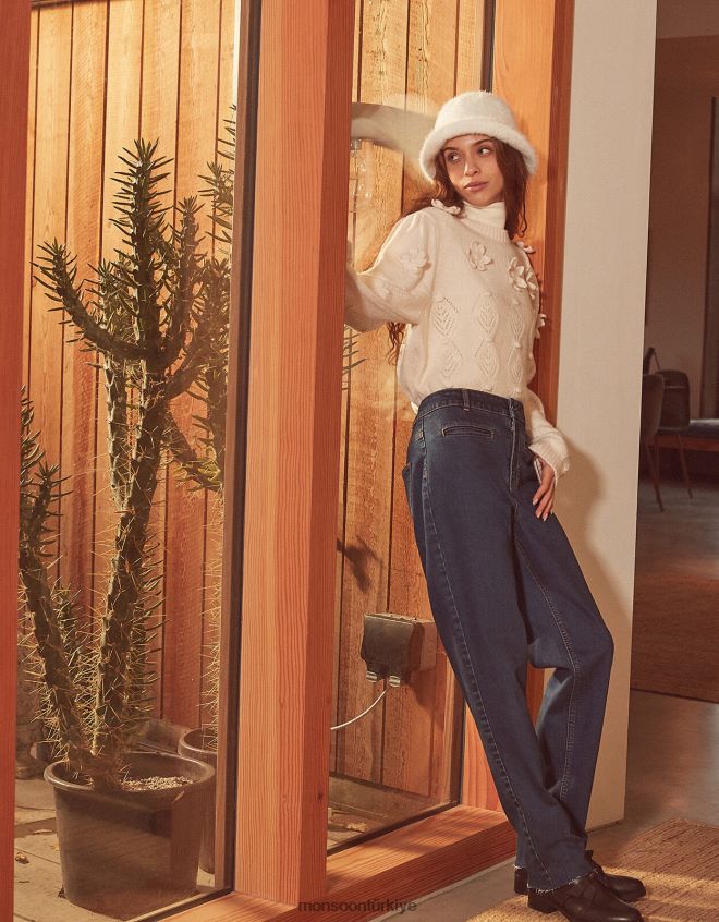 Monsoon kadınlar derin manşetli denim kot pantolon JH86BT1085 Giyim mavi (kot mavisi)