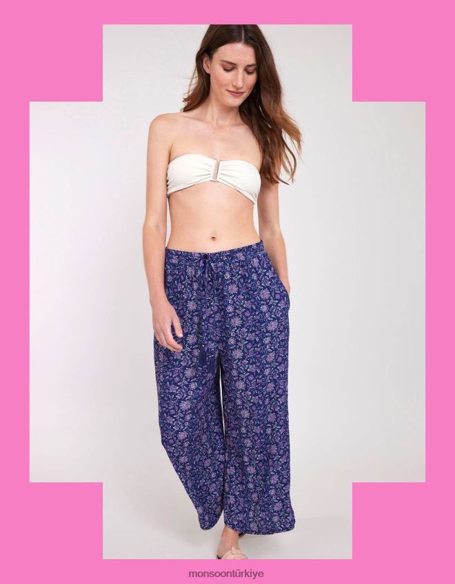Monsoon kadınlar doğu alice kırışık pantolon JH86BT612 Giyim Mavi Donanma)