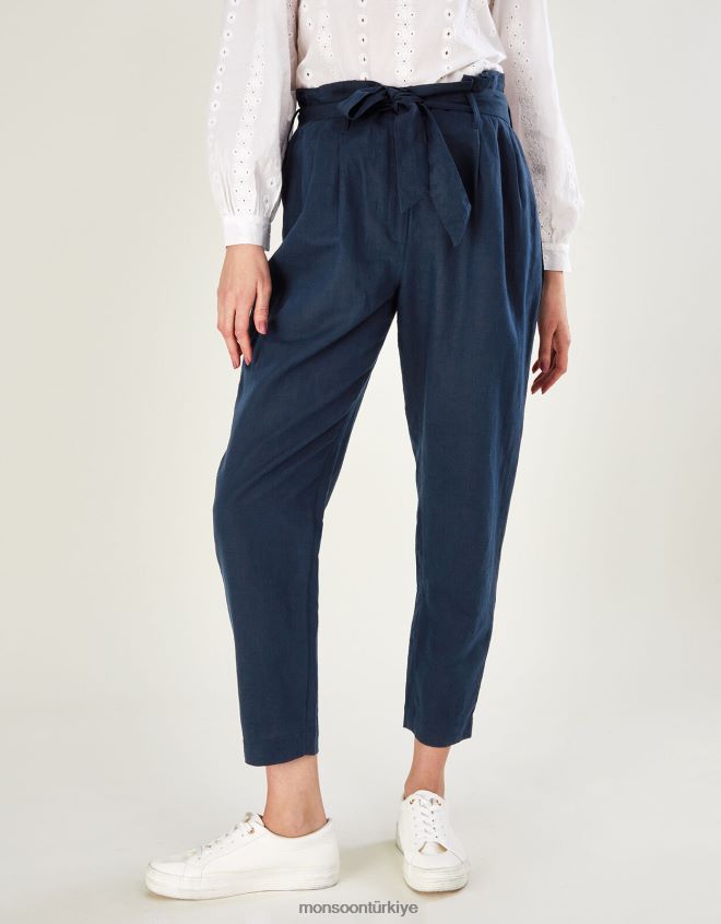 Monsoon kadınlar keten kese kağıdı bel pantolon JH86BT1140 Giyim Mavi Donanma)