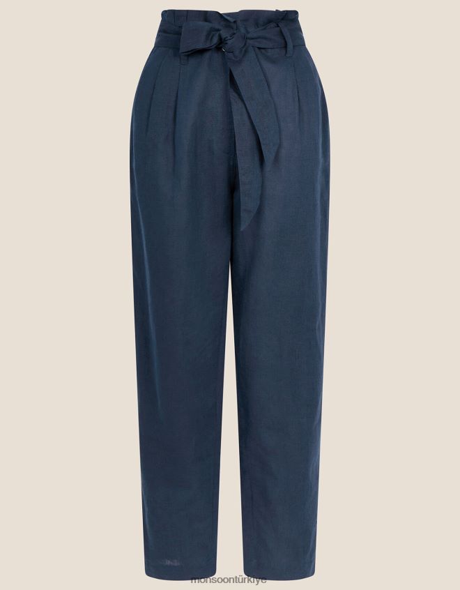 Monsoon kadınlar keten kese kağıdı bel pantolon JH86BT1140 Giyim Mavi Donanma)