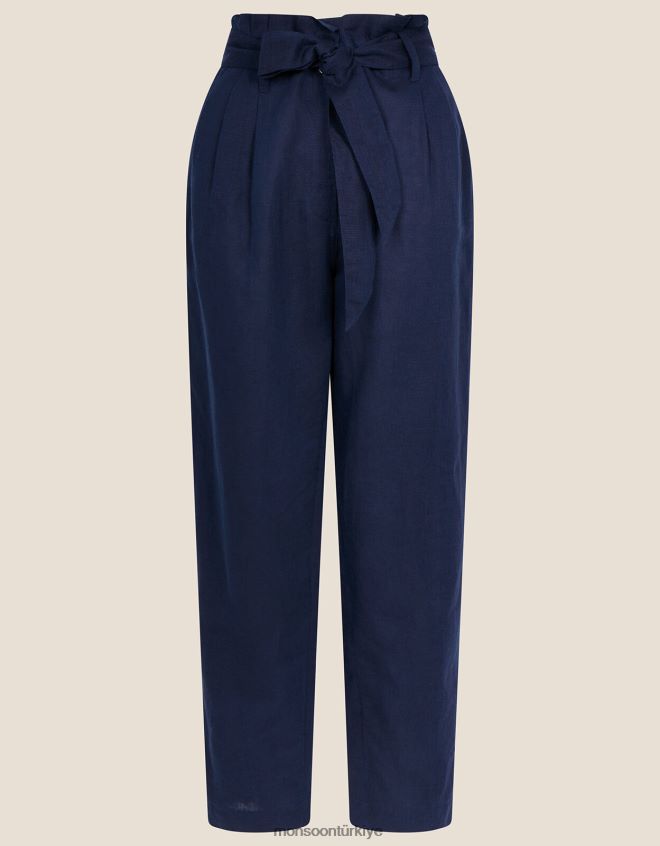 Monsoon kadınlar keten kese kağıdı bel pantolon JH86BT1140 Giyim Mavi Donanma)