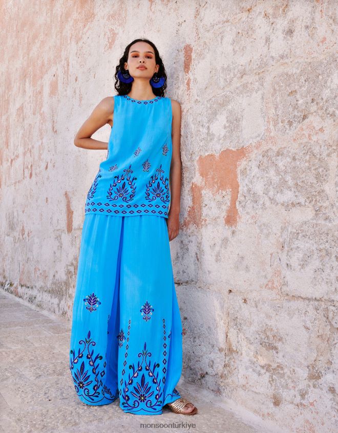 Monsoon kadınlar lenzing ecovero işlemeli geniş paça pantolon JH86BT521 Giyim mavi