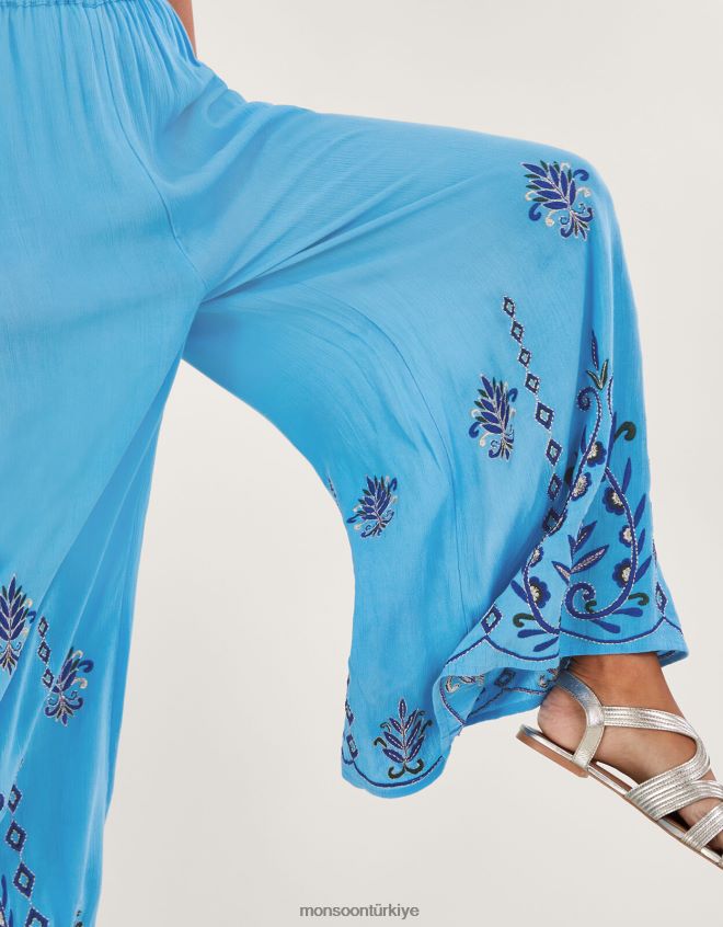 Monsoon kadınlar lenzing ecovero işlemeli geniş paça pantolon JH86BT521 Giyim mavi