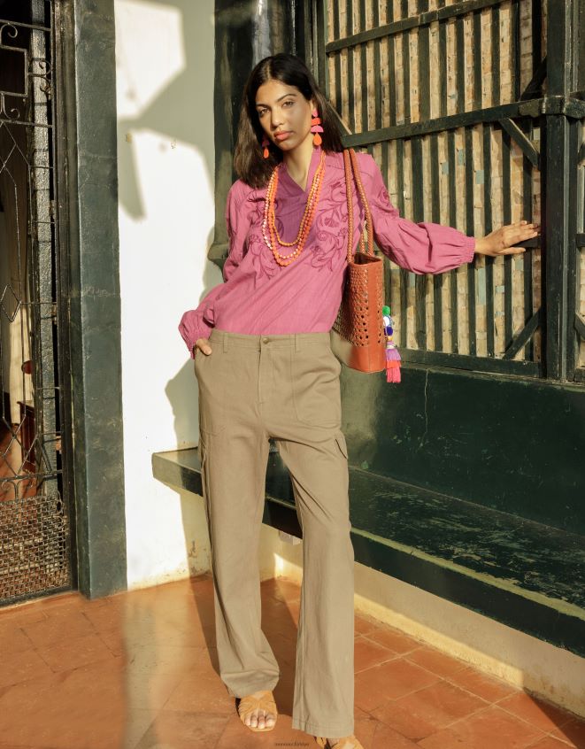 Monsoon kadınlar pamuklu fitilli kargo pantolon JH86BT705 Giyim yeşil (haki)