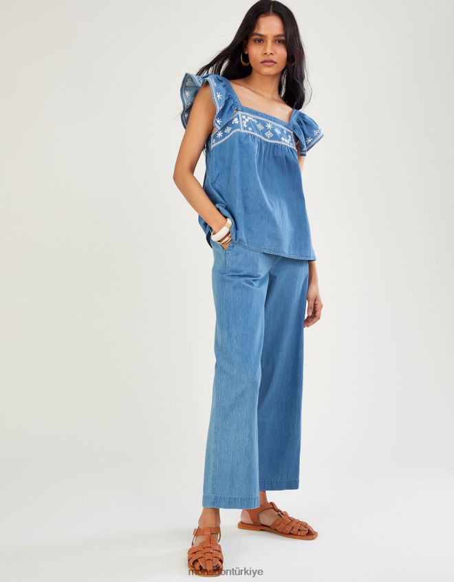 Monsoon kadınlar sürdürülebilir pamuktan denim çekmeli kısa pantolon JH86BT1092 Giyim mavi