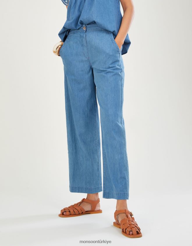Monsoon kadınlar sürdürülebilir pamuktan denim çekmeli kısa pantolon JH86BT1092 Giyim mavi