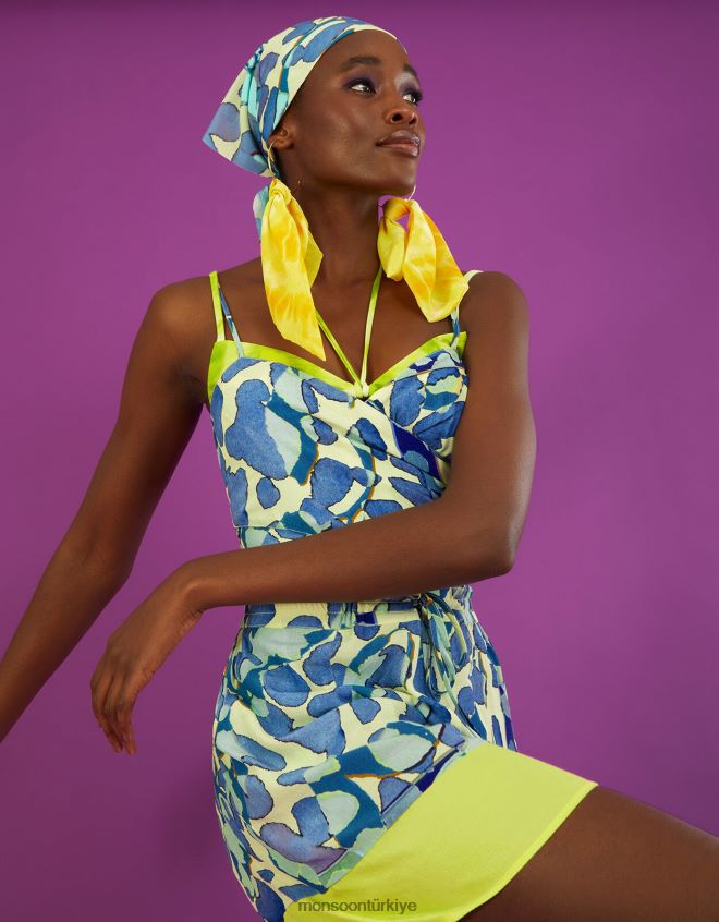 Monsoon kadınlar soyut baskılı şort JH86BT302 Giyim mavi (turkuaz)