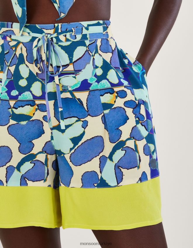 Monsoon kadınlar soyut baskılı şort JH86BT302 Giyim mavi (turkuaz)