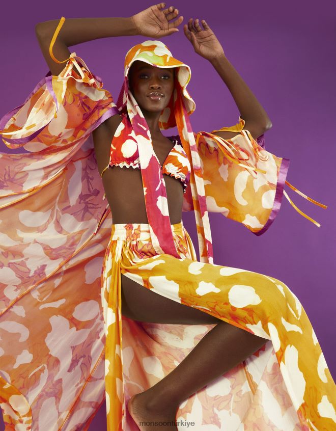 Monsoon kadınlar soyut desenli yandan yırtmaçlı pantolon JH86BT2780 Giyim turuncu