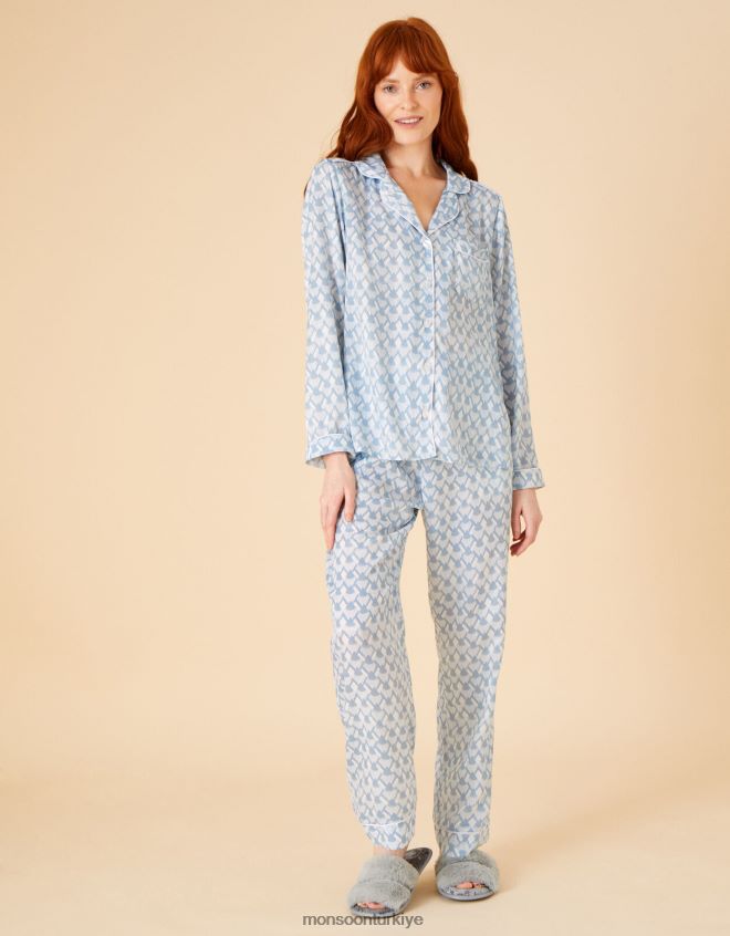 Monsoon kadınlar geometrik desenli saten gelin pijama takımı JH86BT682 Giyim mavi