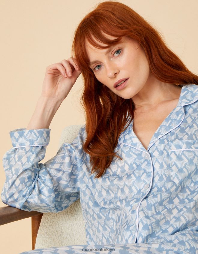 Monsoon kadınlar geometrik desenli saten gelin pijama takımı JH86BT682 Giyim mavi