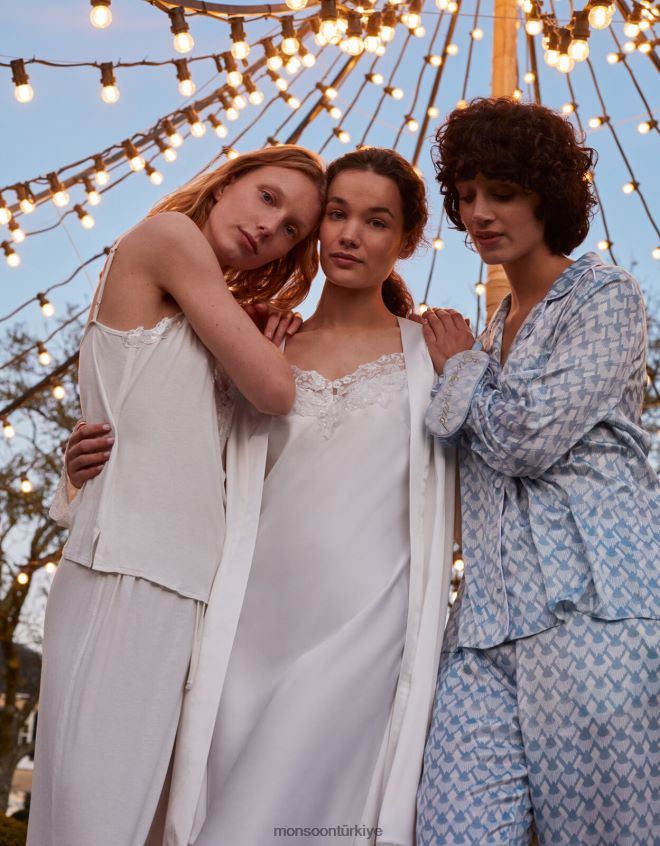 Monsoon kadınlar geometrik desenli saten gelin pijama takımı JH86BT682 Giyim mavi